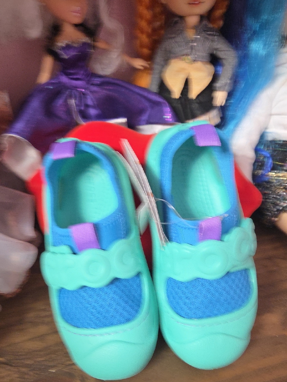 CROCS Kids Aqua Blue Mesh Slip-Ons with Purple Tabs